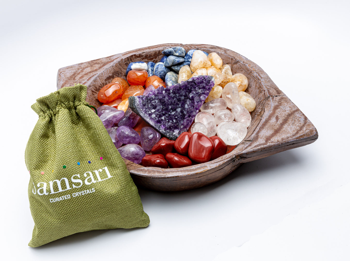 SAMSARI Natural Tumbled Stones with Carry-On Crafted Fabric Bag for Wicca, Reiki
