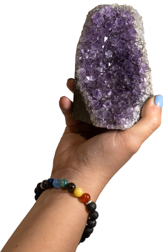 Natural Unique Lavender Real Amethyst + 1 Chakra Stones Bracelet With Lava Rocks
